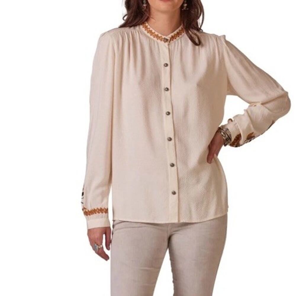 Double D Ranch Las Cruces Blouse XS Ivory Embroidered Concho Button Western Top